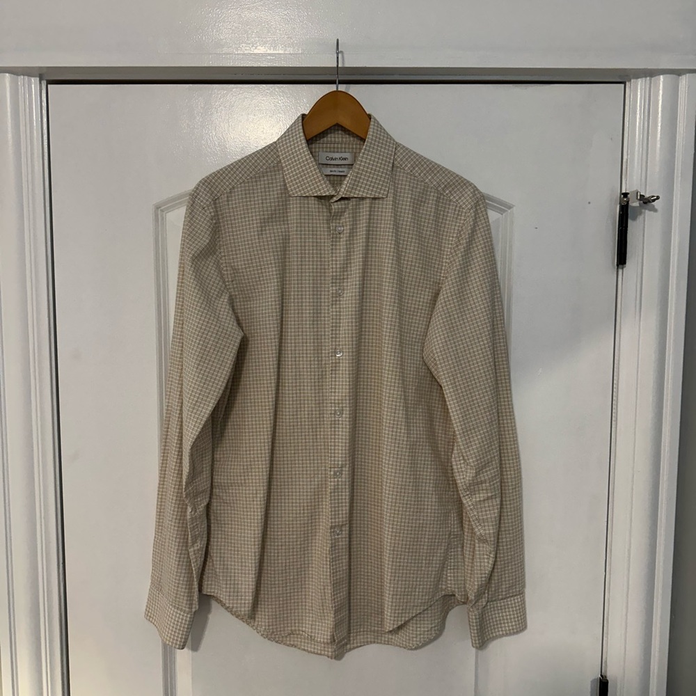 Calvin Klein Men's Yellow and White Checkered Dress Shirt